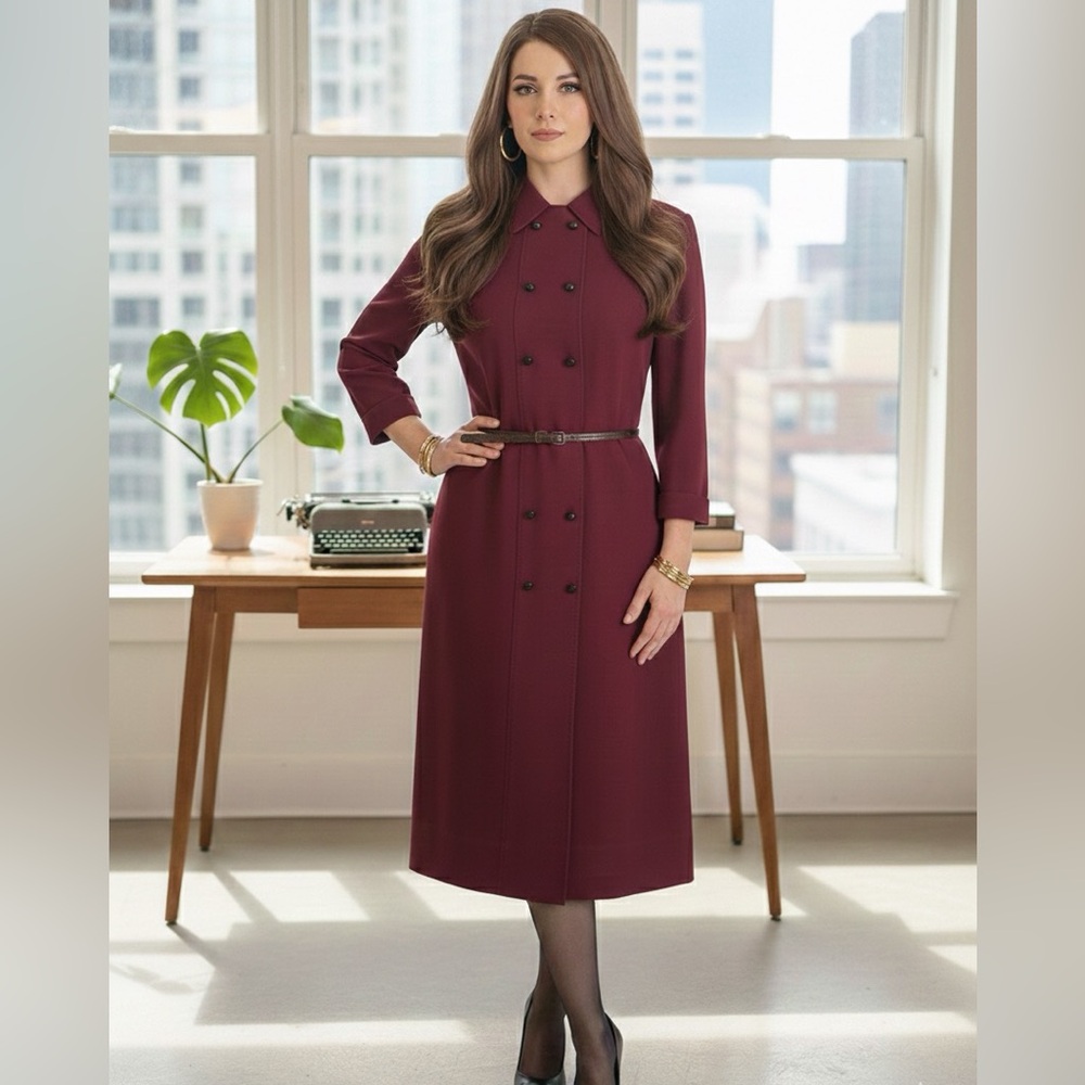 VINTAGE Del Mod Wool Midi Dress Burgundy 100% Virgin Wool Lined + Belt large